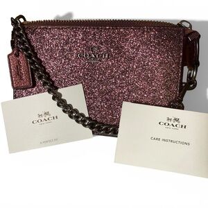 NWOT Coach Metallic Cherry Glitter Wristlet with Chain Strap & Zip Closure